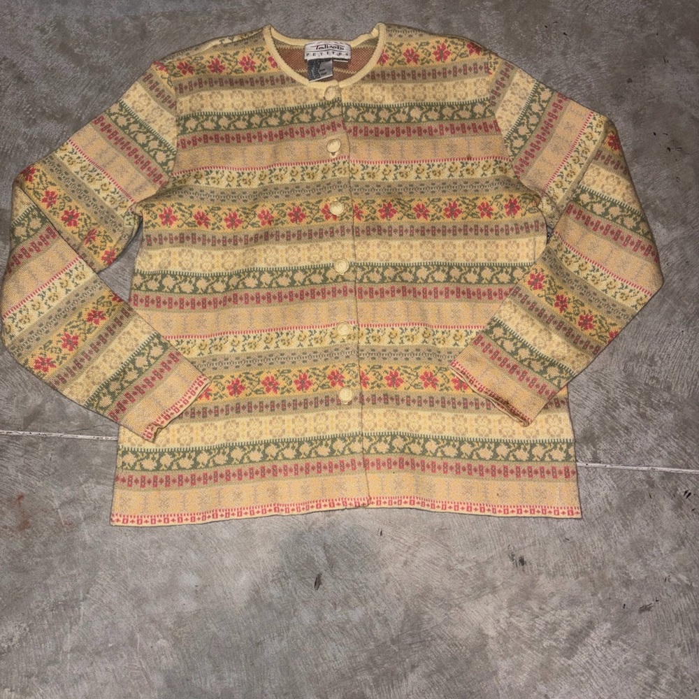 Talbots Yellow Floral Fair Isle Cardigan